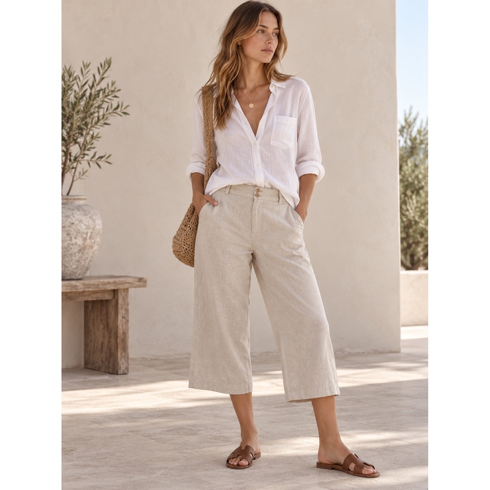 Eileen Fisher 100% Linen Capri Pants 3X Beige Wide Leg Cropped Elastic Waist